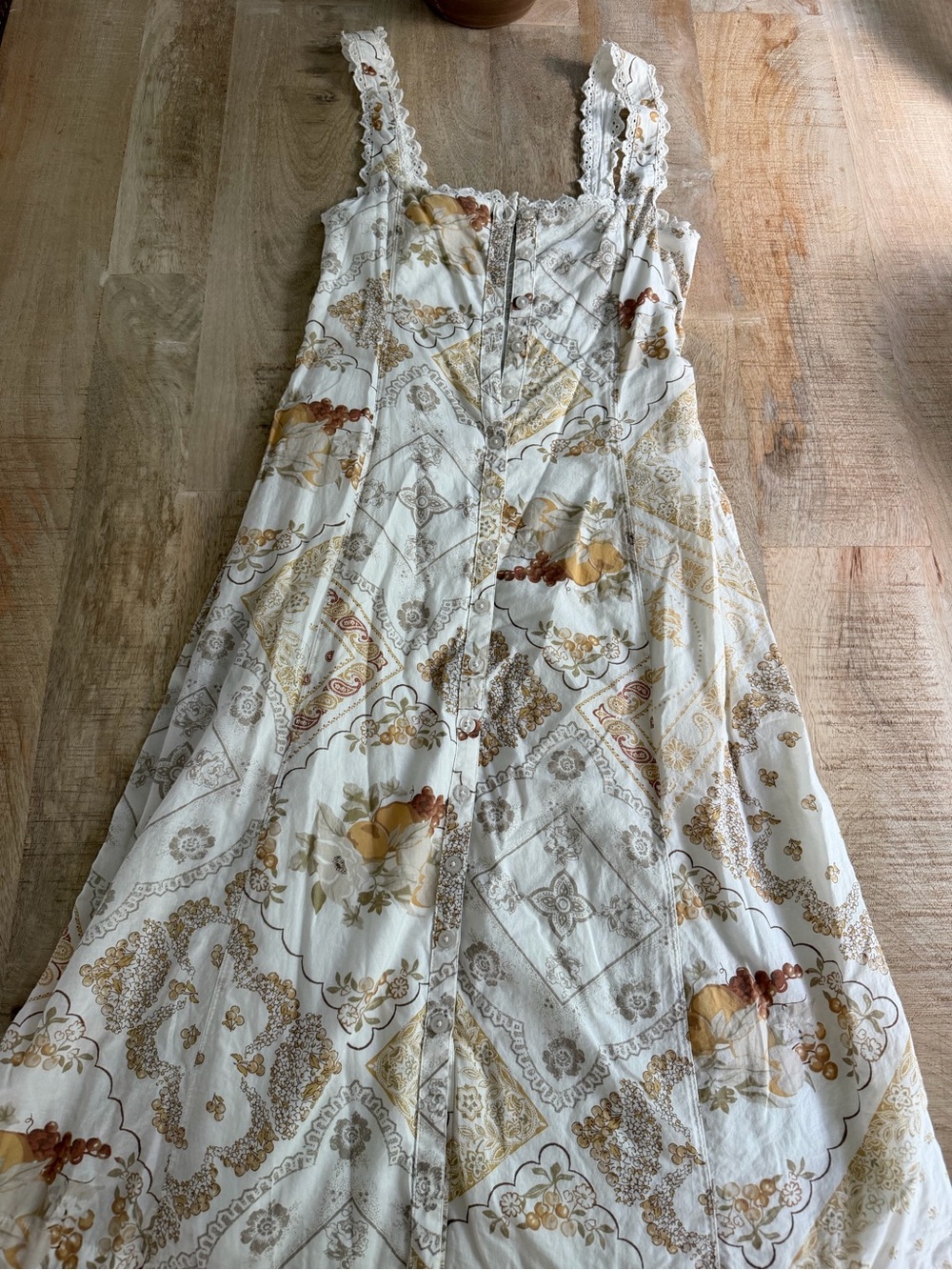 Urban Outfitters White Maxi Dress with Cream & Tan Floral Print